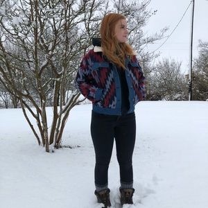 Vintage Aztec Wrangler jacket in red and blue with Sherpa lined collar